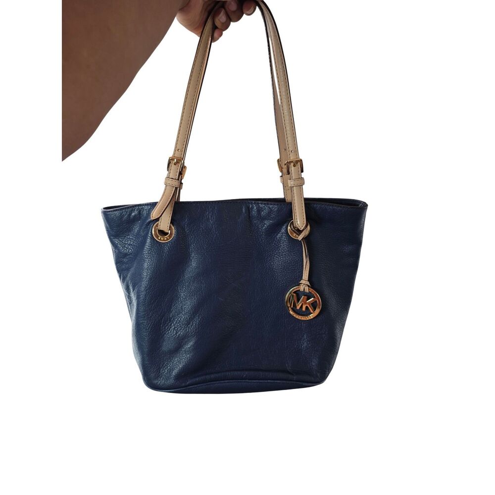 Michael Kors Navy Blue Pebbled Leather Tote Bag Tan Straps Gold MK Charm